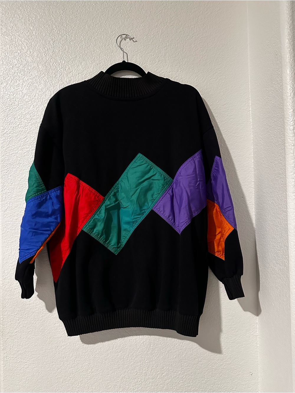Black Crewneck Sweater with Multicolor Diamond Insets